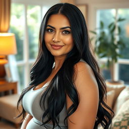A beautiful mother with long black hair, captivating eyes, and a stunning, attractive face