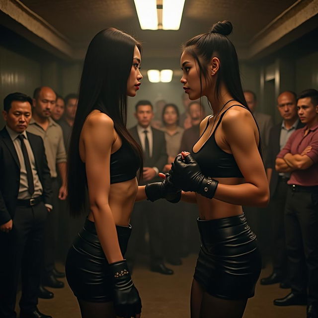 Two stunning women in an underground gym setting, preparing for an illegal fight