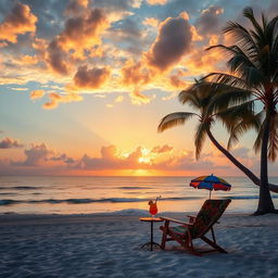A majestic sunset over a tranquil beach, with soft golden light cascading across gentle waves