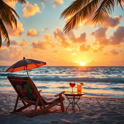 A majestic sunset over a tranquil beach, with soft golden light cascading across gentle waves