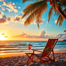 A majestic sunset over a tranquil beach, with soft golden light cascading across gentle waves