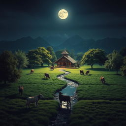 A large, square-shaped farm set at night, with a cozy house located in the center