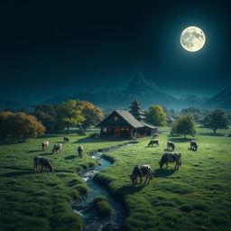 A large, square-shaped farm set at night, with a cozy house located in the center