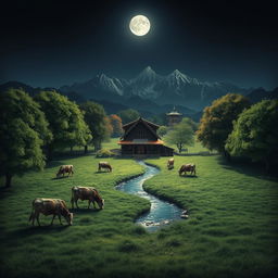 A large, square-shaped farm set at night, with a cozy house located in the center