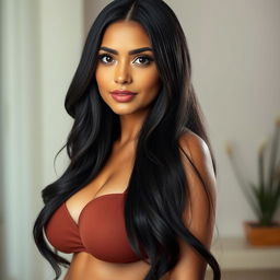 A beautiful mother with long black hair and stunning eyes, standing confidently
