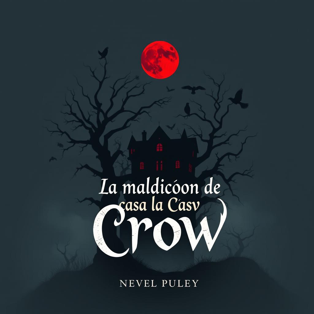 A minimalist and surreal book cover design for the horror novel titled 'La maldición de la casa Crow'