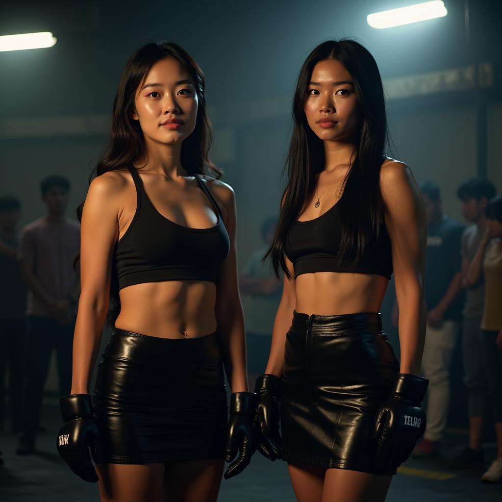 Inside a dimly lit underground gym, two striking women are set to stage illegal fights