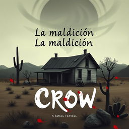 A minimalist and surreal book cover design for the horror novel titled 'La maldición de la casa Crow', set in a small Texas town