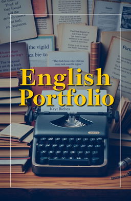 A visually appealing cover page design with a background that symbolizes the English language, featuring elements such as classic books, a vintage typewriter, and literary quotes artistically arranged