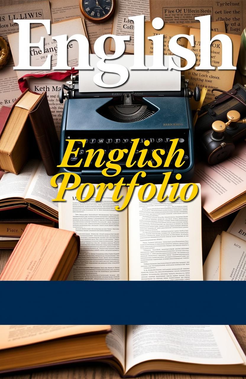 A visually appealing cover page design with a background that symbolizes the English language, featuring elements such as classic books, a vintage typewriter, and literary quotes artistically arranged