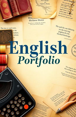 A visually appealing cover page design with a background that symbolizes the English language, featuring elements such as classic books, a vintage typewriter, and literary quotes artistically arranged
