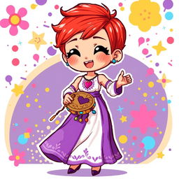 A highly detailed chibi-style pixel art image of a joyful Christian dancer with very short red hair styled like Leon Scott Kennedy