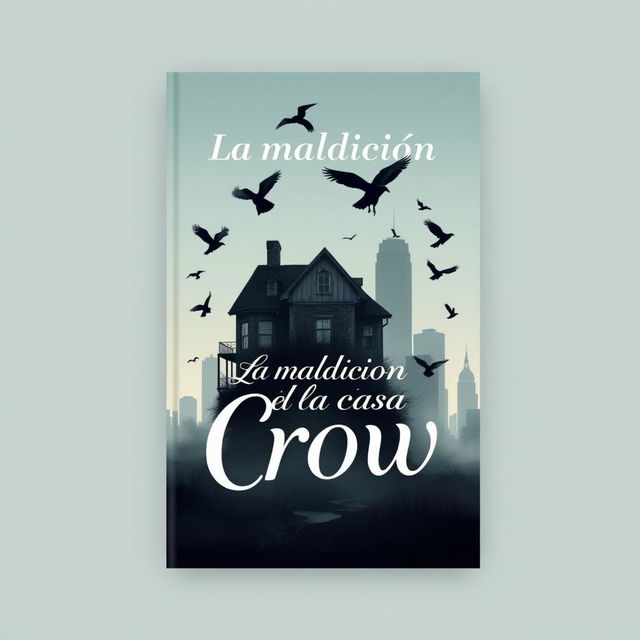 A minimalist and surreal book cover design for the horror novel titled 'La maldición de la casa Crow', set in a Texas city