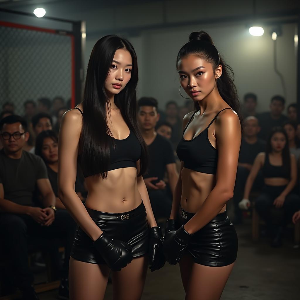 In an underground gym, two striking women are prepared for illegal fights