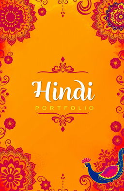 A vibrant and colorful cover page design featuring traditional Hindi motifs such as intricate paisley patterns, floral designs, and cultural symbols like the lotus flower and peacock