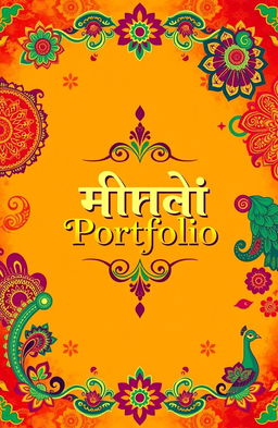 A vibrant and colorful cover page design featuring traditional Hindi motifs such as intricate paisley patterns, floral designs, and cultural symbols like the lotus flower and peacock