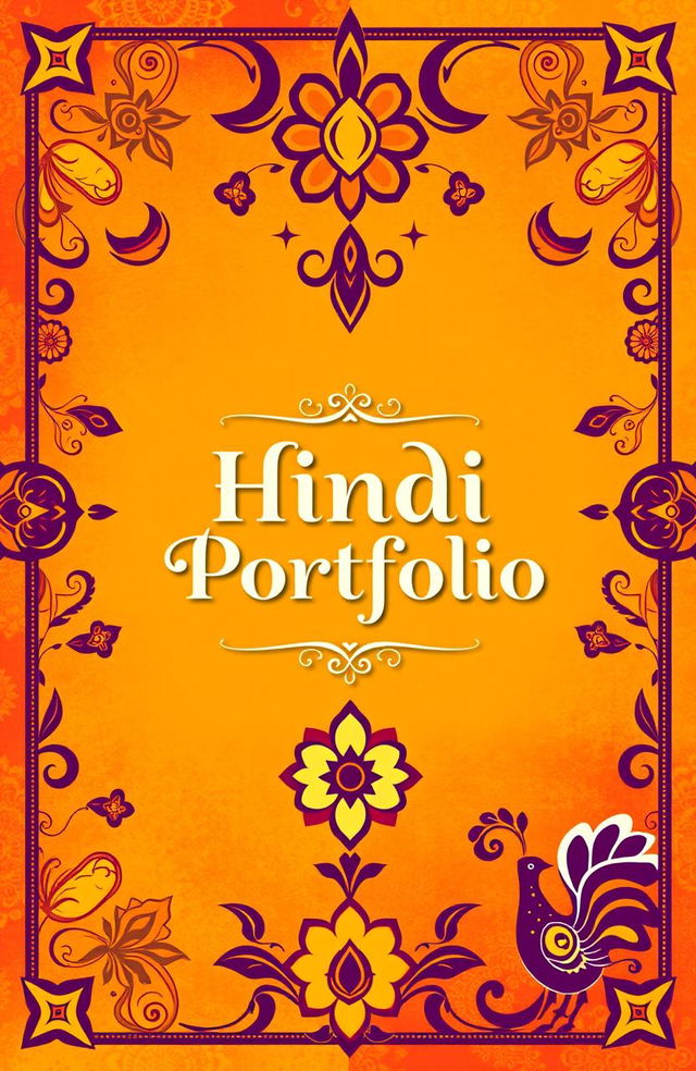 A vibrant and colorful cover page design featuring traditional Hindi motifs such as intricate paisley patterns, floral designs, and cultural symbols like the lotus flower and peacock