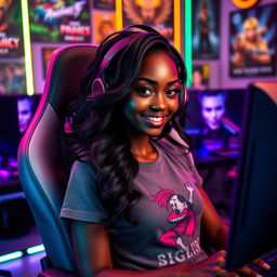 A stunningly beautiful and confident ebony gamer girl, sitting comfortably in a modern gaming chair, surrounded by colorful LED lights and multiple high-end gaming monitors