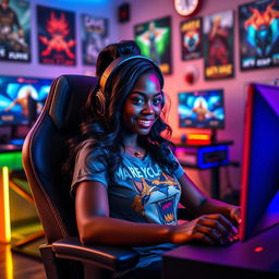 A stunningly beautiful and confident ebony gamer girl, sitting comfortably in a modern gaming chair, surrounded by colorful LED lights and multiple high-end gaming monitors