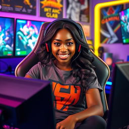 A stunningly beautiful and confident ebony gamer girl, sitting comfortably in a modern gaming chair, surrounded by colorful LED lights and multiple high-end gaming monitors