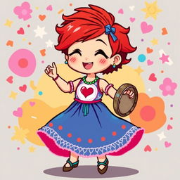 A chibi-style pixel art image of a joyful Christian dancer with very short red hair styled like Leon Scott Kennedy