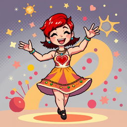 A chibi-style pixel art image of a joyful Christian dancer with very short red hair styled like Leon Scott Kennedy