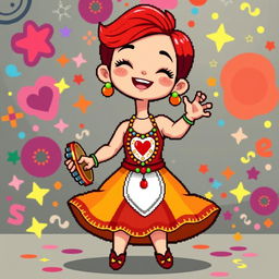 A chibi-style pixel art image of a joyful Christian dancer with very short red hair styled like Leon Scott Kennedy