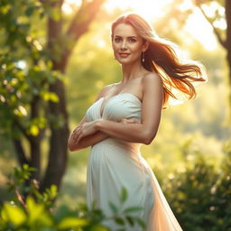 A stunning depiction of an elegant mother in a serene, natural setting