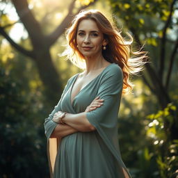A stunning depiction of an elegant mother in a serene, natural setting