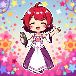 A vibrant chibi-style pixel art representation of a girl with very short red hair