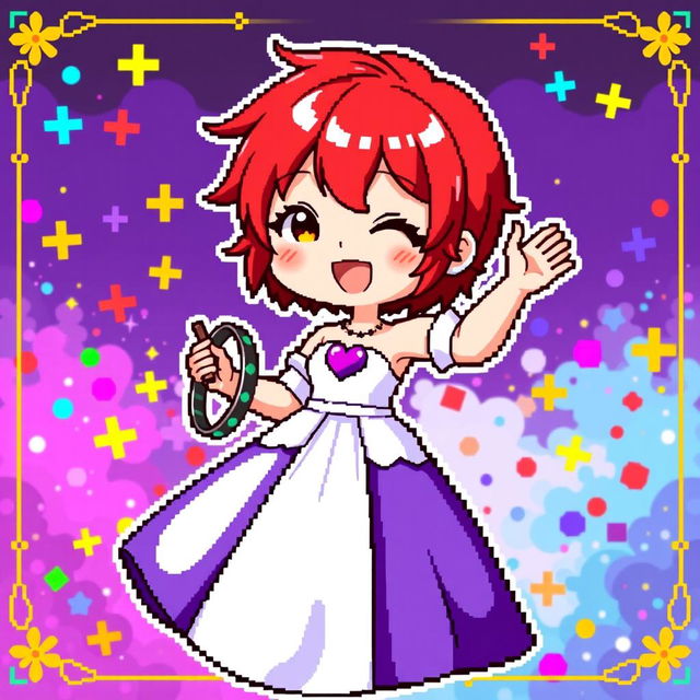 A vibrant chibi-style pixel art representation of a girl with very short red hair