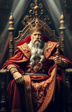 A majestic and powerful king seated on a grand throne, adorned in rich, royal attire with intricate gold embroidery, surrounded by opulent decorations like velvet drapes and gemstone encrusted elements