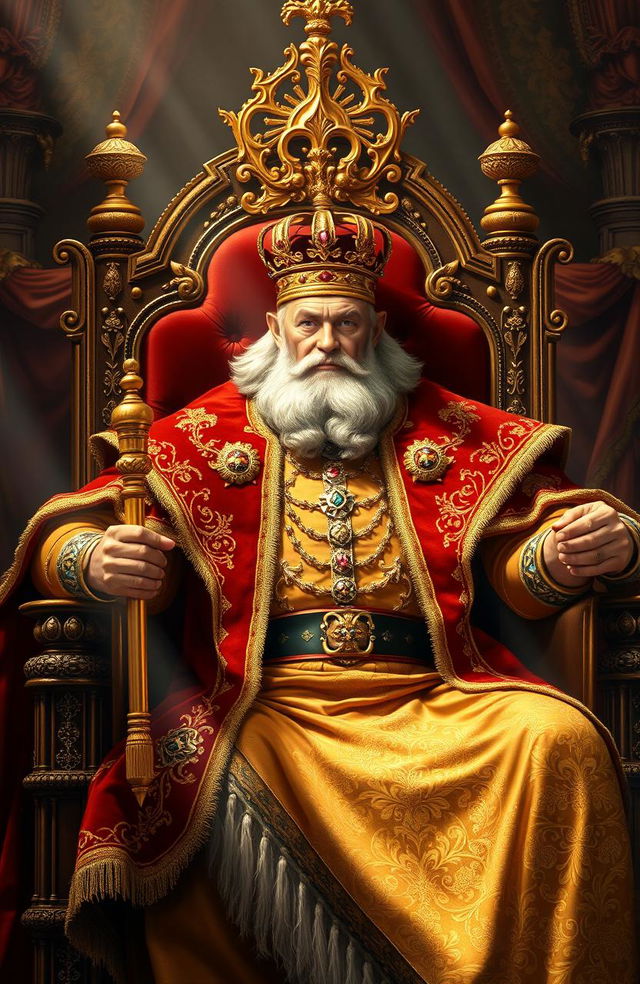 A majestic and powerful king seated on a grand throne, adorned in rich, royal attire with intricate gold embroidery, surrounded by opulent decorations like velvet drapes and gemstone encrusted elements