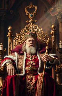 A majestic and powerful king seated on a grand throne, adorned in rich, royal attire with intricate gold embroidery, surrounded by opulent decorations like velvet drapes and gemstone encrusted elements