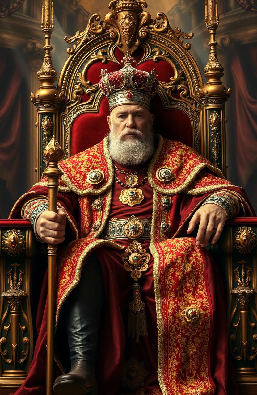 A majestic and powerful king seated on a grand throne, adorned in rich, royal attire with intricate gold embroidery, surrounded by opulent decorations like velvet drapes and gemstone encrusted elements