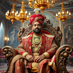 A regal Indian king seated on an intricately carved throne, dressed in traditional royal garments with vibrant colors and elaborate patterns, adorned with gold jewelry and a majestic turban