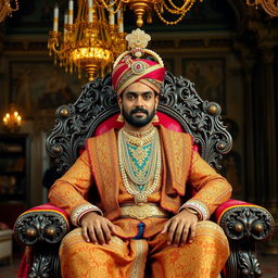 A regal Indian king seated on an intricately carved throne, dressed in traditional royal garments with vibrant colors and elaborate patterns, adorned with gold jewelry and a majestic turban