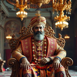 A regal Indian king seated on an intricately carved throne, dressed in traditional royal garments with vibrant colors and elaborate patterns, adorned with gold jewelry and a majestic turban