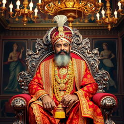 A regal Indian king seated on an intricately carved throne, dressed in traditional royal garments with vibrant colors and elaborate patterns, adorned with gold jewelry and a majestic turban