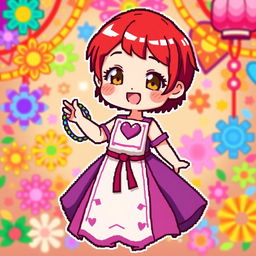 A vibrant chibi-style pixel art character of a girl with very short red hair and brown eyes