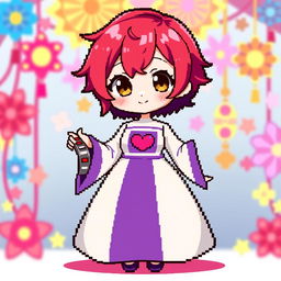 A vibrant chibi-style pixel art character of a girl with very short red hair and brown eyes