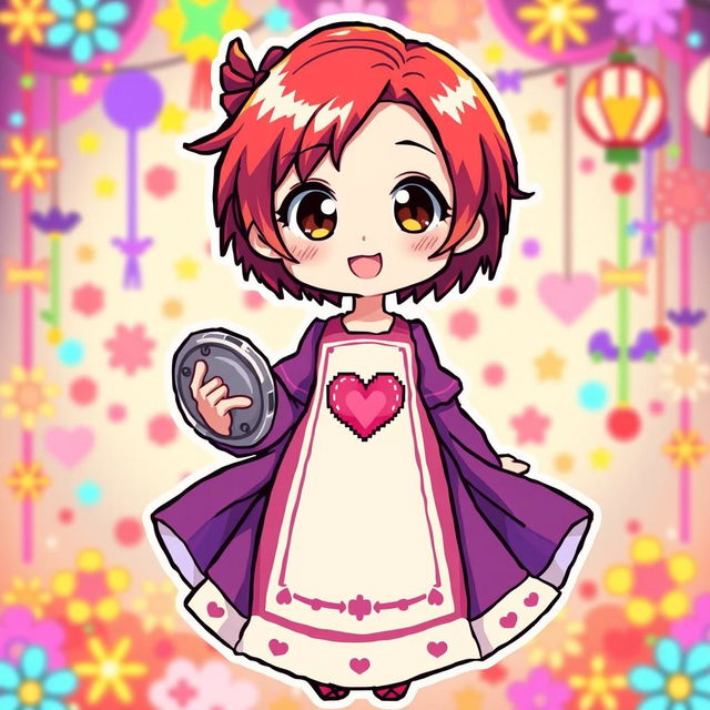 A vibrant chibi-style pixel art character of a girl with very short red hair and brown eyes