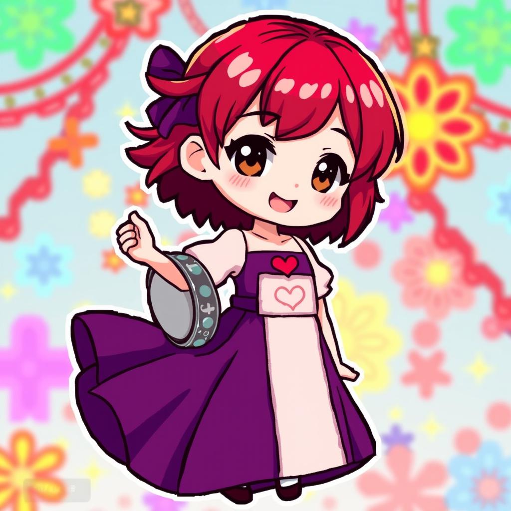 A vibrant chibi-style pixel art character of a girl with very short red hair and brown eyes