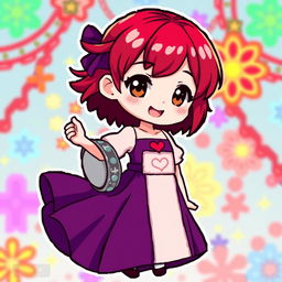 A vibrant chibi-style pixel art character of a girl with very short red hair and brown eyes