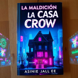 A Cyberpunk style book cover for a horror novel titled 'La Maldición de la Casa Crow'
