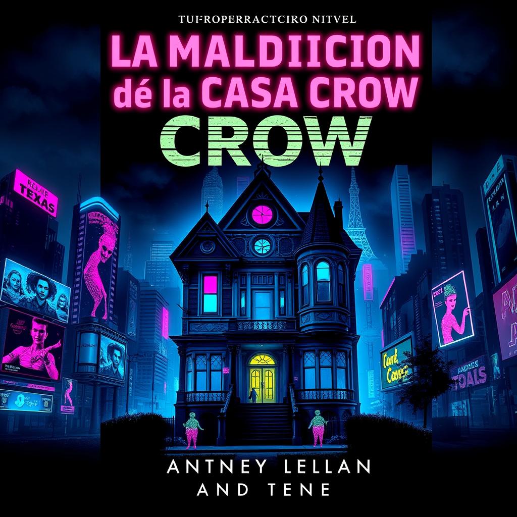 A Cyberpunk style book cover for a horror novel titled 'La Maldición de la Casa Crow'