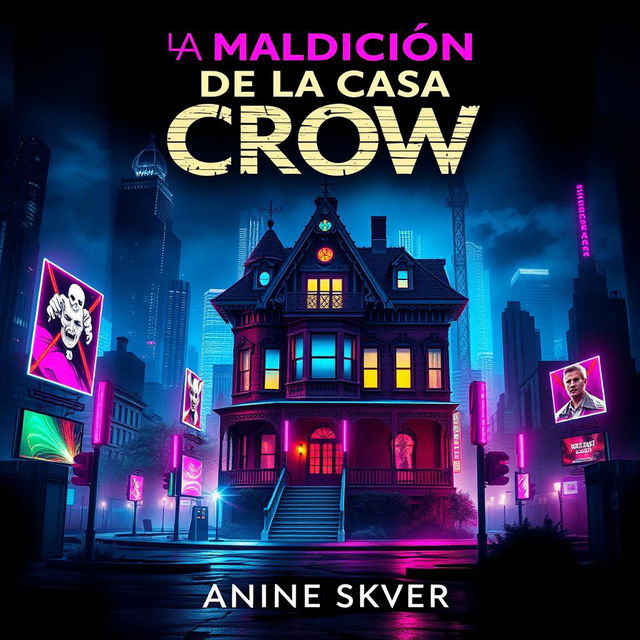 A Cyberpunk style book cover for a horror novel titled 'La Maldición de la Casa Crow'