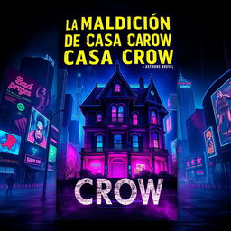A Cyberpunk style book cover for a horror novel titled 'La Maldición de la Casa Crow'