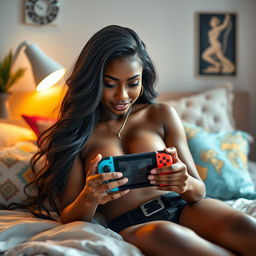 A sexy and beautiful 26-year-old ebony gamer girl with a fitness body, busty and standing at 165 centimeters tall, lounging on her bed in her cozy room