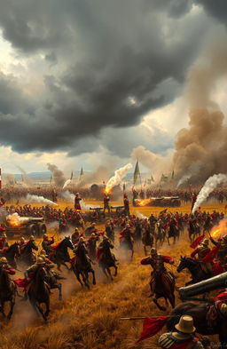 A dramatic battlefield scene depicting a fierce clash between two armies, with soldiers in historical uniforms engaged in combat